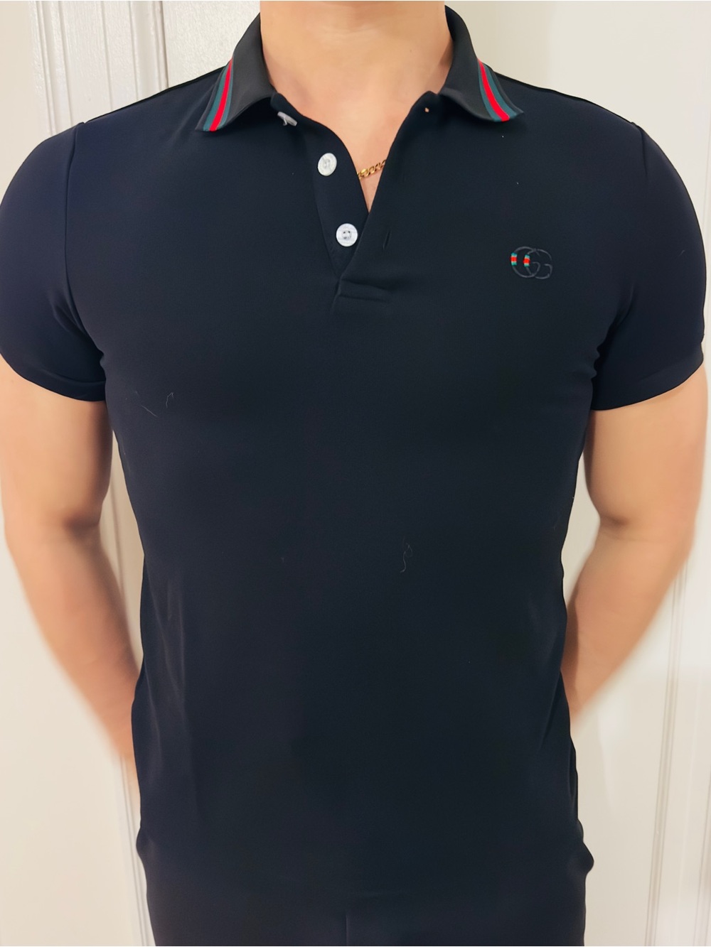 Gucci Black Interlocking GG Web Collar Polo Shirt Slim Fit - M Size